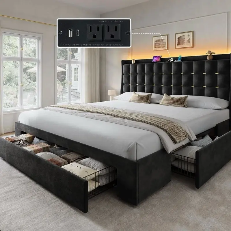 King Size LED Bed Frame with Storage Headboard and 4 Drawers Charging Station