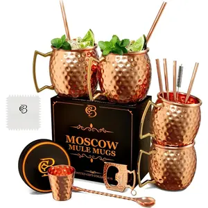 Moscow Mule Copper Mugs -  HANDCRAFTED  Set of 4, Hammered by Artisan,  Pure Solid Copper Cups 16oz for Drinking Water & , Include 19 count accessories & Special Opener