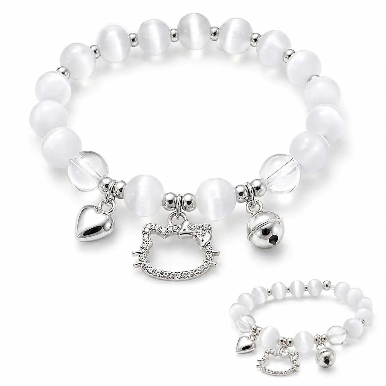 Cute Cat Charm Bracelet for Women, White Cat-Eye Beaded Stretch Bracelet with Sparkling Kitty Face, Heart and Bell Pendants, Kawaii Y2K Jewelry for Birthday, Holiday, Friendship Gift and Everyday Wear