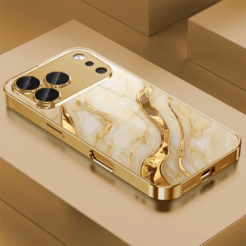 Gold marble wave design electroplated glass phone case suitable for iPhone 17/17ProMax/17Air/16ProMax/15/14Plus/13Pro/12/11ProMax, full coverage, stylish and luxurious, high aesthetic value protective case
