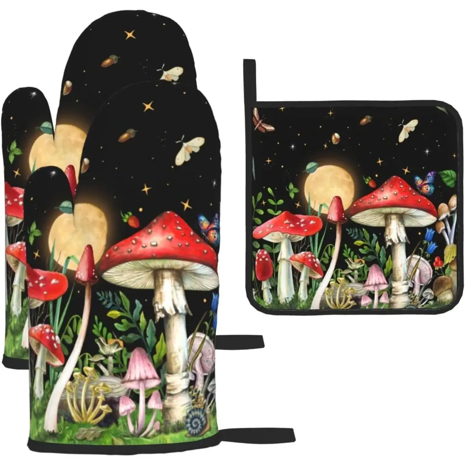Vintage Floral Witchy 3-Piece Hanging Reusable Cotton-Polyester Oven Mitts-Pot Holders Set, Heat-Resistant Baking Gloves-Hot Pads with Loop (7.2x7.2in, 8x8in), Hand-Washable Home Supplies for Cooking, Holiday Decor, 7.2 X Inch, 8 X 8 Inch