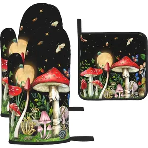 THE WELL KEPT Cute Mushroom Oven Mitts and Pot Holders Sets of 3 Holiday Kitchen Decor Heat Resistant Witchy Hot Pads Oven Gloves for Cooking Grilling Baking