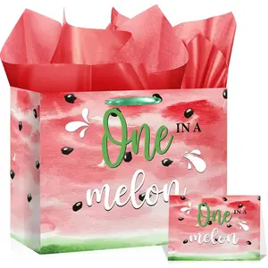 1st Birthday  Bag for Girls  in A Melon Party Decorations with Wrapping Paper Card Watermelon First Birthday  Bag for Summer  Shower Decorations Party Supplies (Red)