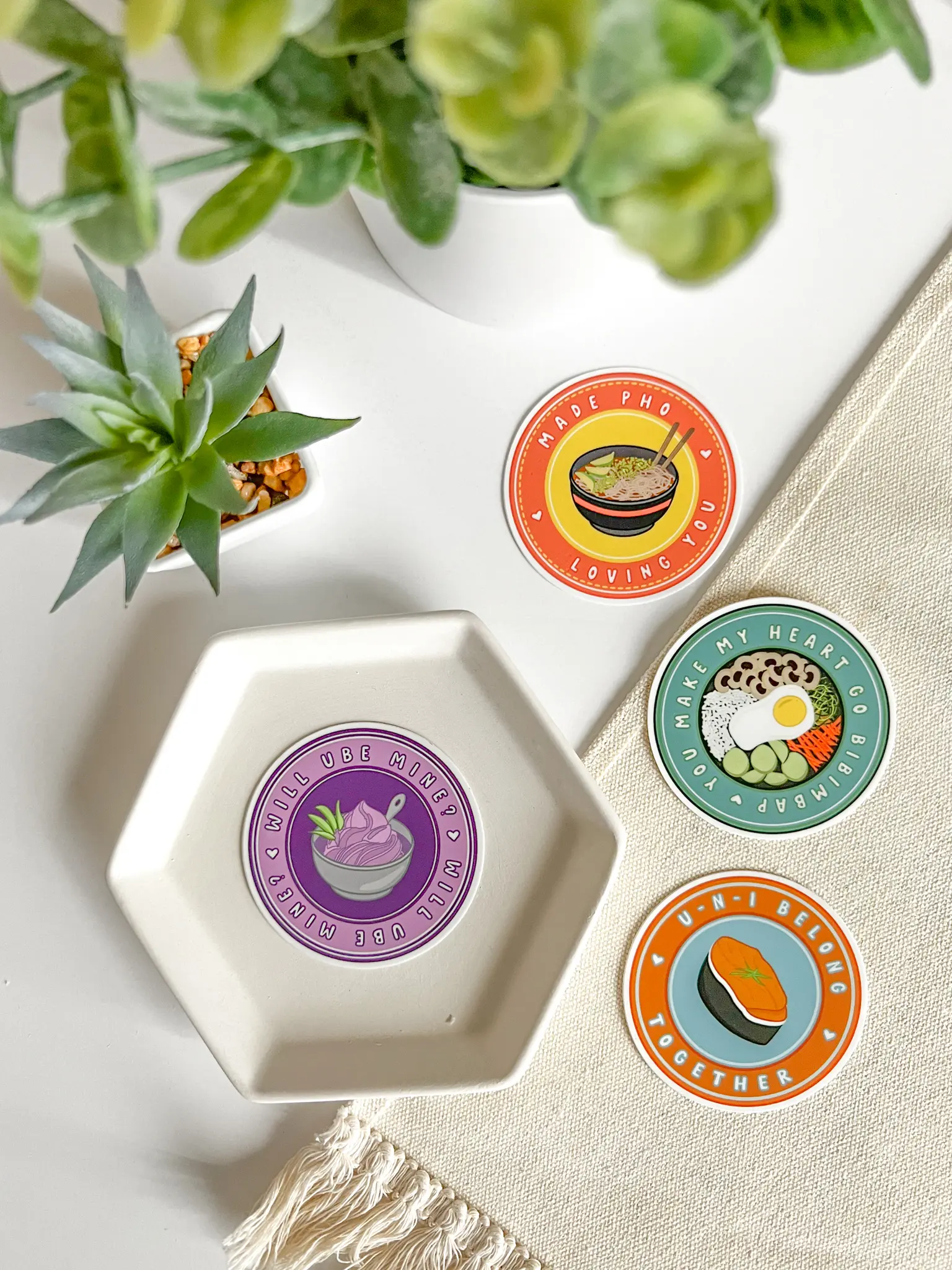 Cute, Colorful Asian Food Pun Vinyl Stickers (Pho, Bibimbap, Ube, Uni) for Hydroflasks & Waterbottles