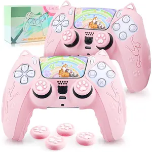 PS5 Controller Skin 2 Pack, Cute Cat Paw PS5 Controller Cover Case Anti-Slip PS5 Accessories Silicone Skin Protective Controller Grip for Playstation 5 DualSense with 4 Thumb Grip Caps (Pink)