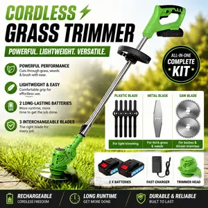 Cordless Electric Lawn Trimmer 21V (Blue) | Battery Powered Grass Cutter | Heavy-Duty Garden Weed Eater (3.0Ah Li-ion)