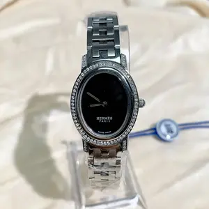 Hermès Clipper Oval 22x32mm Quartz Stainless Steel Aftermarket Diamond Bezel Black Dial H-Link Bracelet Ladies Watch MWT000658