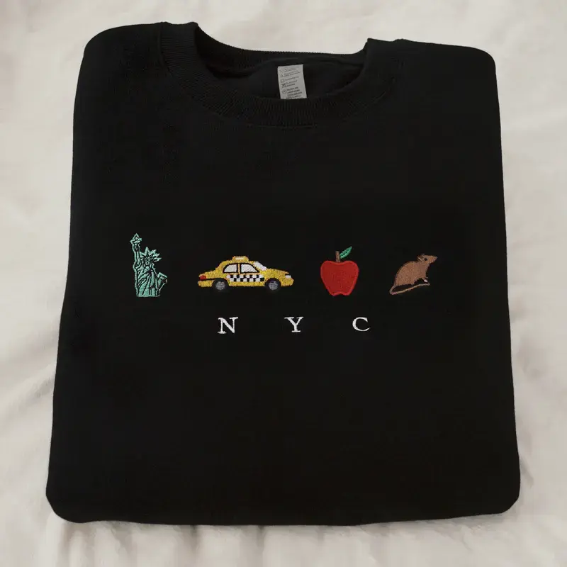 NYC Embroidered Sweatshirt, Crewneck, New York City Sweater, Cotton, United States of America, Black, Statue of Liberty, Taxi, Apple, Rat