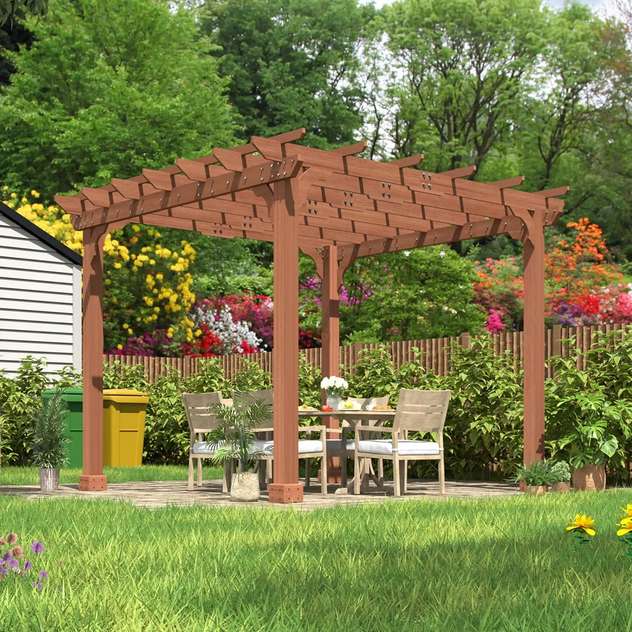 Alora Sturdy Outdoor Cedar Wood Patio Pergola (SAK92150) - Water-Resistant All-Seasons Furniture, Sun Protection, Vine Support, Rustic Look for Relaxation & Barbecues, Slatted Roof Light Shelter