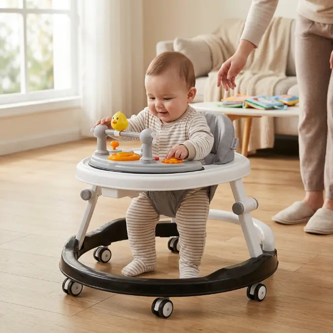 Foldable baby walker, height adjustable, with music function, suitable for babies aged 6-18 months (grey). anti-rollover design