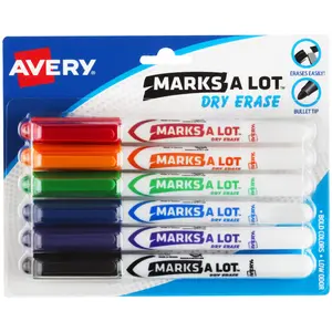 Avery Marks A Lot Pen-Style Dry Erase Markers, Bullet Tip, Assorted Colors, 6 Markers (24481)