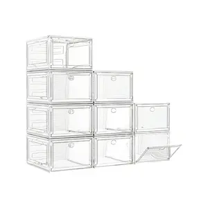 Special sale  Large Clear Boxes Organizer Thicker Material Stronger With Magnetic Door Stackable Shoe Box For Closet Foldable Space Saving Storage Bins Transparent And White 9 Pack