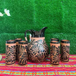 Relieve Pitcher Color Terracota Negro Set Glass.