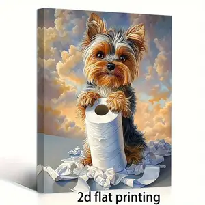 Yorkshire Terrier Toilet Paper Art Print, Canvas Wall Decoration with Wooden Frame, Country Style, Charming Dog Artwork, Size 11.8x 15.7inch inches, Suitable for Living Room and Bedroom, Perfect Gift