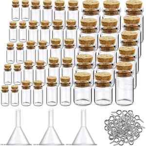 45 Pcs Small Mini Glass Bottles with Cork Stoppers, Small Glass Jars with Lids Tiny Spell Jars with 50 Eye Screws and 3 Funnels for DIY Art Craft, Multiple Sizes 0.5ml 1ml 3ml 5ml 10ml