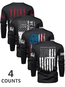 Men's Flag Series Prints Crew Neck Long Sleeve Classic T-Shirt Set, Round Neck Casual Outdoor Pullover for Spring & Fall, Fitted Moderate Fabric, 4-Piece Pack