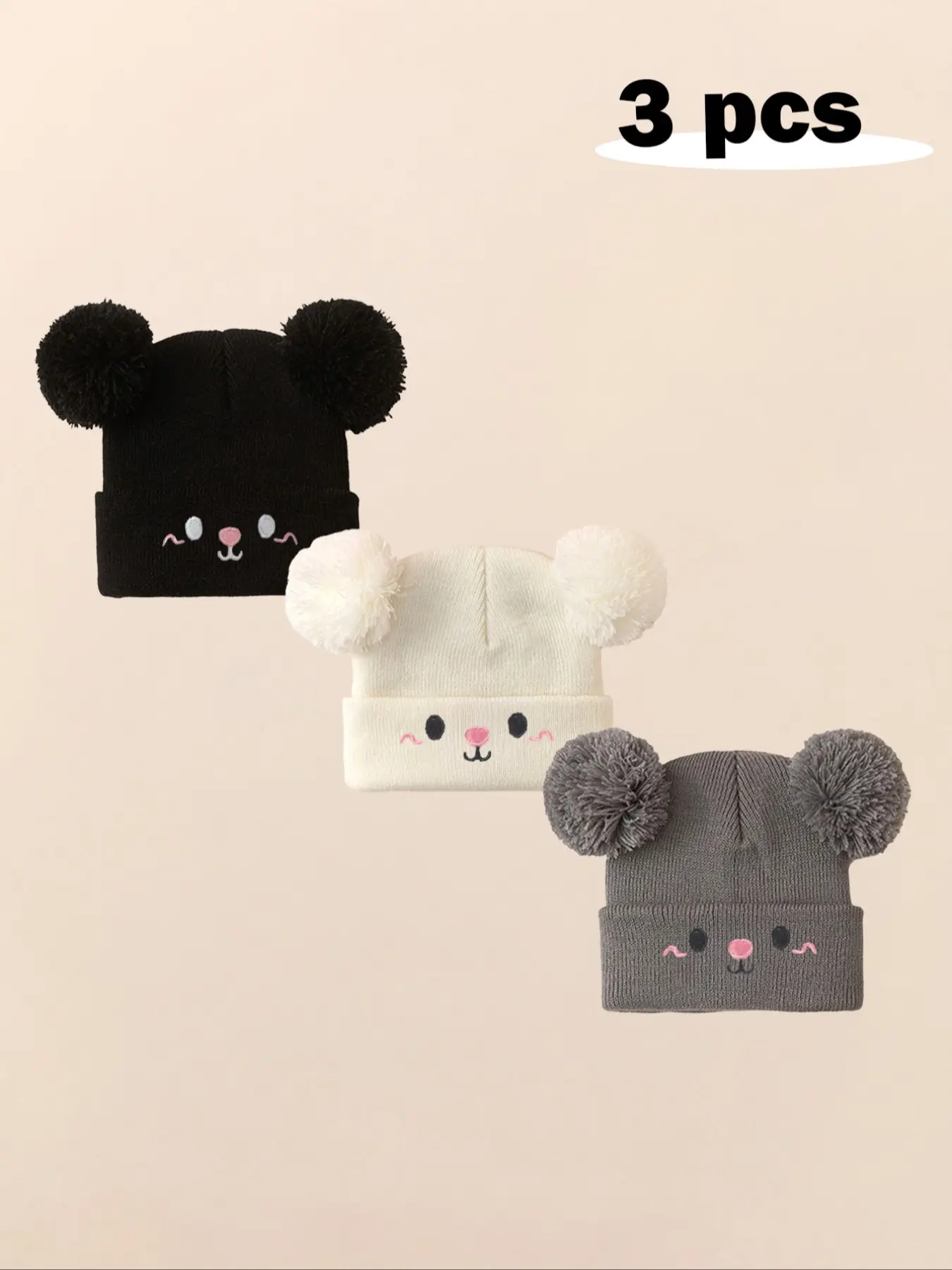 3pcs Baby Girl Newborn Toddler Pom-Pom Cat Beanie Hat, Cozy Knit Winter Warm Heart Cute Hat, Casual Outdoor Baby Accessories Bonnet, Bunny Bonnet