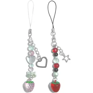 Y2K Aesthetic Phone Charm -  Strawberry  Heart Design with Beads, Cute Cell Phone Charms for Women, Y2K Accessories for Camera Pendants