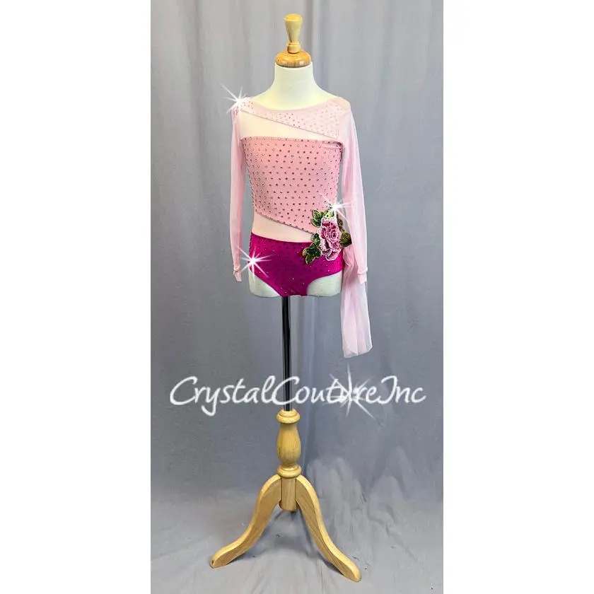 Shades of Pink Leotard with Rhinestones and 3D Floral Appliques