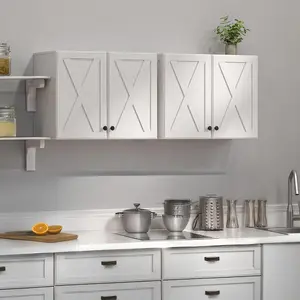 SummerVibes Farmhouse White Wall Cabinet Set of 2, Storage Organizer with 2 Doors & Shelf, Wall-Mounted for Kitchen & Laundry Room Storage, Medicine/Bathroom/Garage Cabinet