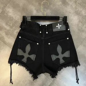 Dark Style Cross Graphic Denim Hot Pants, Raw Hem Lace-up Slim Short Jeans for Women Summer