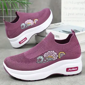 Women's Embroidered Floral Wedge Platform Slip-On Sneakers Breathable Knit Comfort Shoes Fashion Design