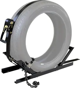 Semi- Spare Tire Rack, Adjustable Tire Carrier, Ratchet Strap Chain, Black, DAC927