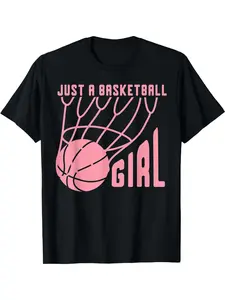 100% Cotton Fashion Garment Just A Basketball Girl" Women'S Cotton T-Shirt - Black with Pink Basketball Graphic, Casual Round Neck, Short Sleeve, High Stretch, Machine Washable