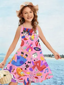 Girls' Full-Print Camisole Dress of The Amazing Digital Circus, Playful & Printed Style, Comfortable Thin Shoulder Straps + Loose A-Line Silhouette, Ideal for Girls' Daily Wear / Seaside Vacation