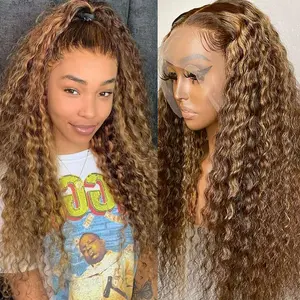 Highlight Lace Front Wigs Human Hair 180% Density Deep Curly Ombre Honey Blonde 4/27 13X6 HD Transparent Lace Front Wig for Women Deep Wave Lace Frontal Wig Human Hair