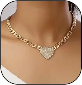 Rhinestone Heart Necklace for Women Gold Silver Heart Pendant Choker Necklace Cuban Link Chain Love Heart Chunky Necklace Zircon Heart Statement Necklace