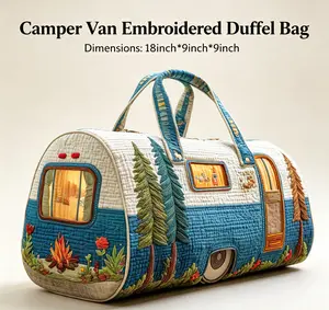 Cottagecore Camper Quilted Duffle Bag | 18" Spacious Retro Weekender for Summer Adventures & OOTD Vintage Forest Camper Embroidery Duffle Bag Boho Quilted Travel Bag for Summer & Everyday Use