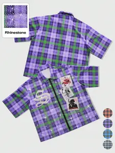 Unisex Loose Rhinestone Plaid Gothic Print Zipper Short Sleeve Shirt, Y2K Punk Streetwear Blazer, Vintage Patchwork Casual Top, Party/ Night Out Wear (4 Colors), Aesthetic