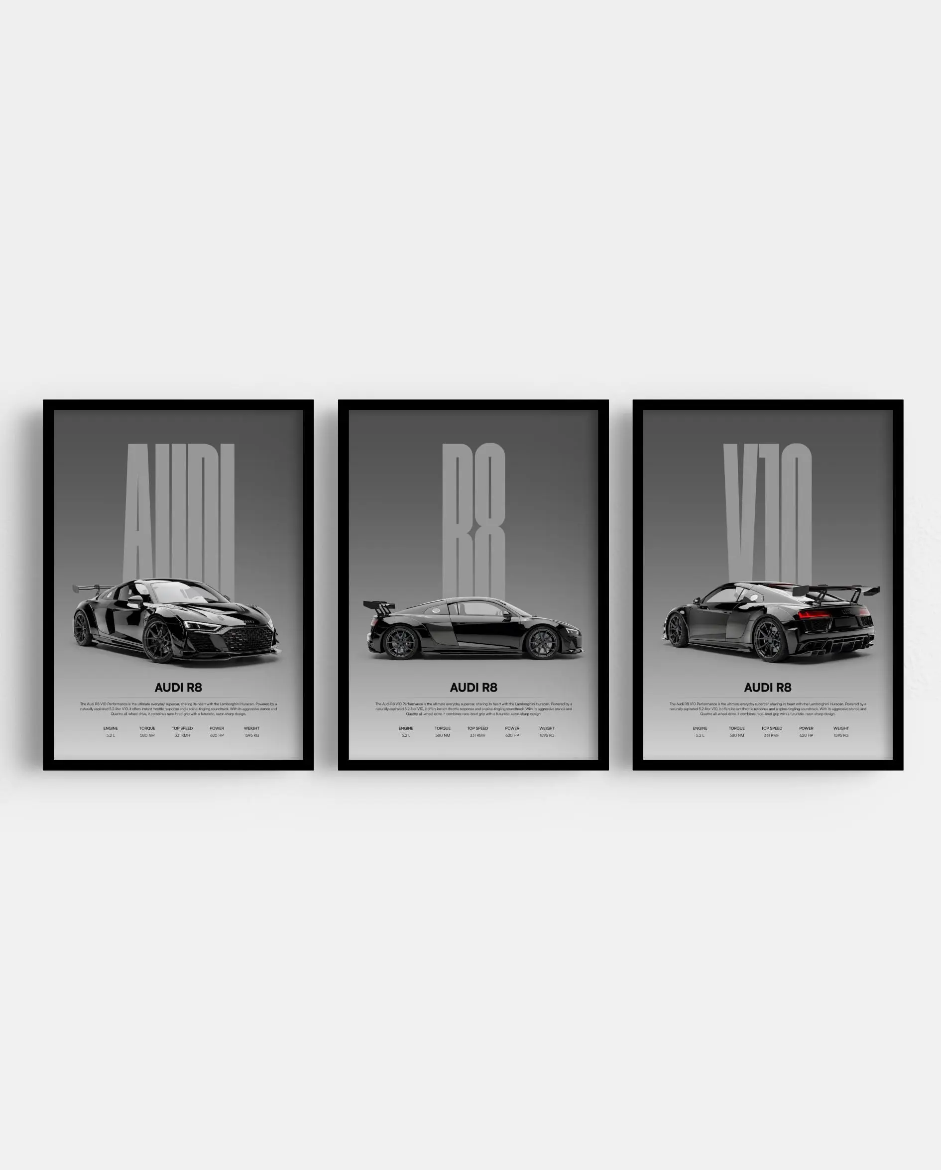 Audi R8 V10 Poster Set | Supercar Prints, Man Cave Decor, Product without frame