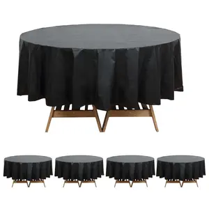 5-Pack Plastic Table Covers 84" Black Round - PVC Waterproof Disposable Covers
