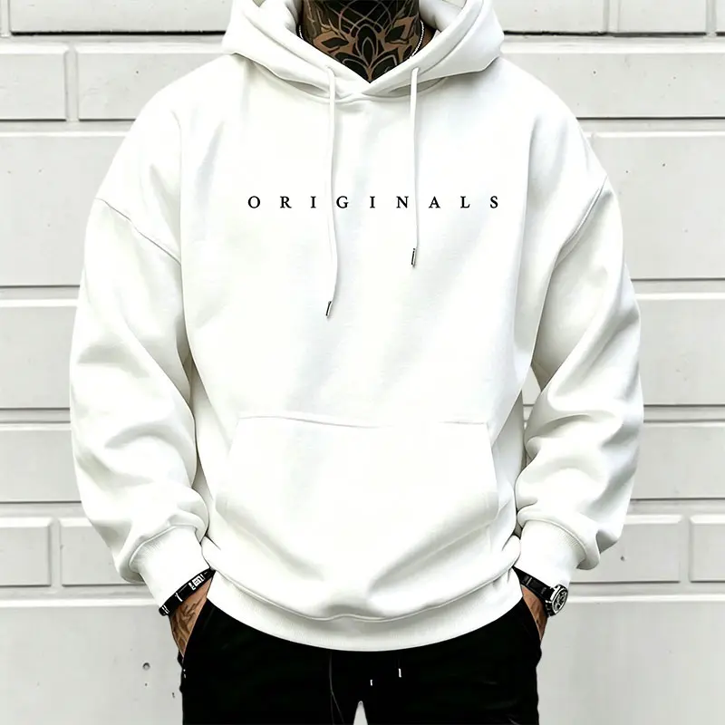 Menswear Oversized Hoodie - ORIGINALS Minimalist Divided Design, Small Letter Print, Unisex Loose Stylish Fleece Casual Clean Fit Hooded Sweatshirt, Baggy, Long Sleeve, Pullover, Simple, Poly-Cotton, Tops, Basic