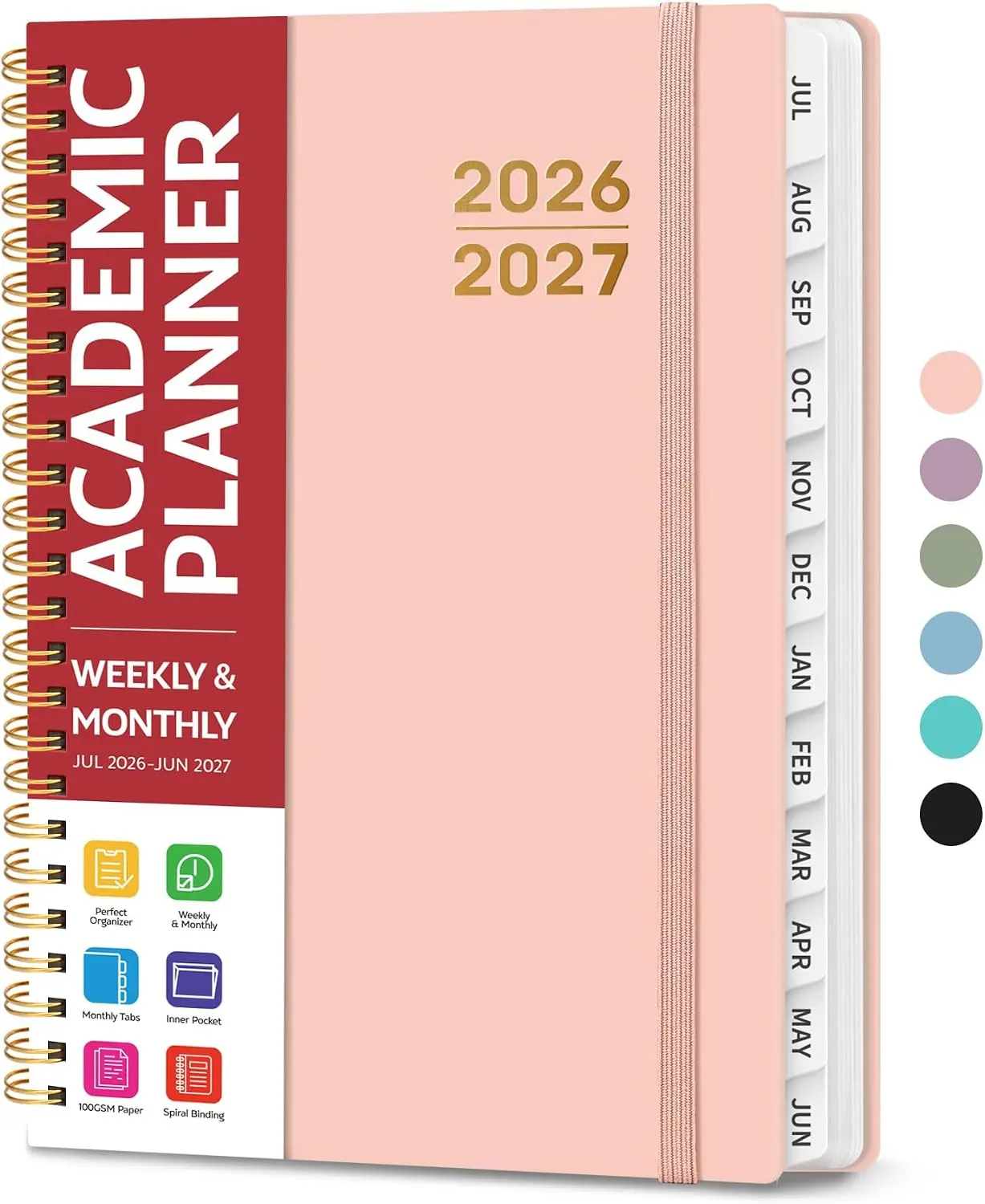 Planner 2026-2027, Jul 2026-Jun 2027 Monthly & Weekly Calendar Book | 6.3" x 8.5", Hardcover Academic Calendar with Tabs, Teacher Student Agenda Book for School Office Supplies - Pink