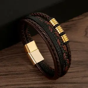 Classic Men's Leather Bracelet with Braided Design, Gold Accents, and Durable Finish
