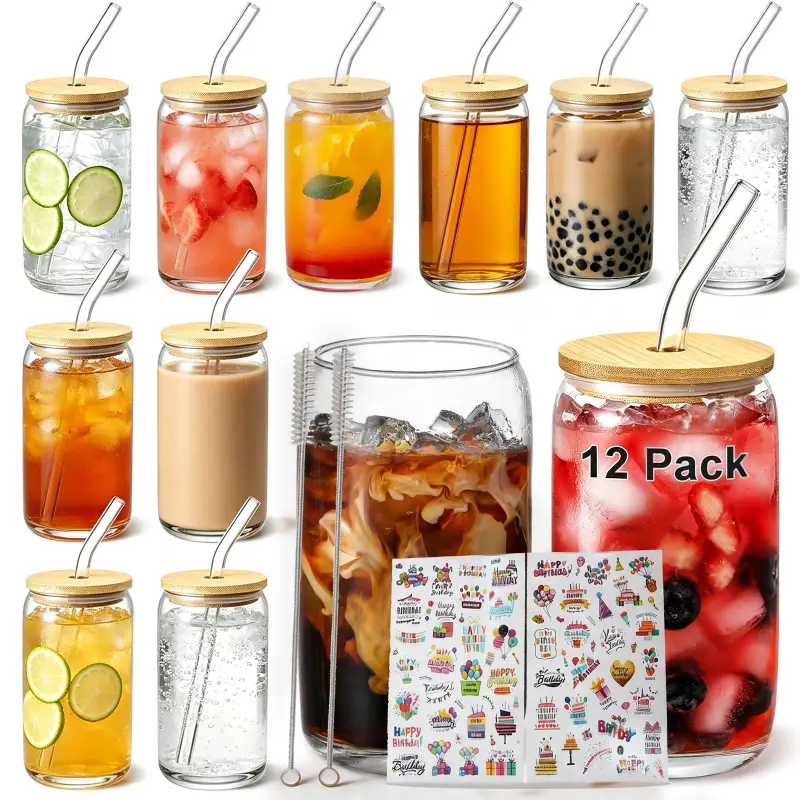 16oz Stylish Glass Water Tumbler Set (8 Pcs) - Portable Drinkware with Bamboo Lids, Straws, Cleaning Brush - Camp Kitchen Essentials for Camping, Iced Coffee, Birthdays, Smoothies (Hand Wash Recommended)