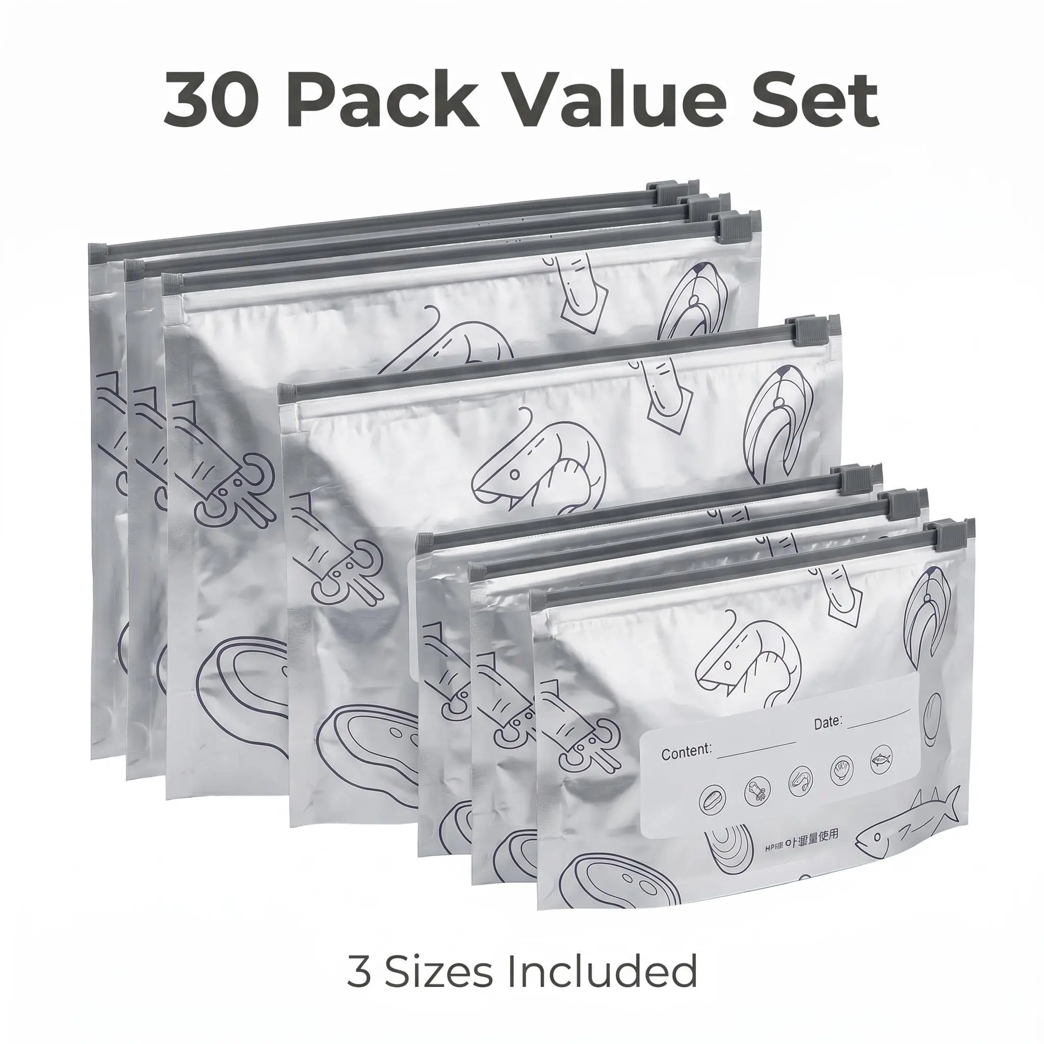 30-Piece Eco-Friendly Reusable Aluminum Foil Zipper Storage Bags Set - 3 Sizes, Freezer-Safe, Waterproof, Leakproof, Airtight Home Organiser Containers for Meat, Produce