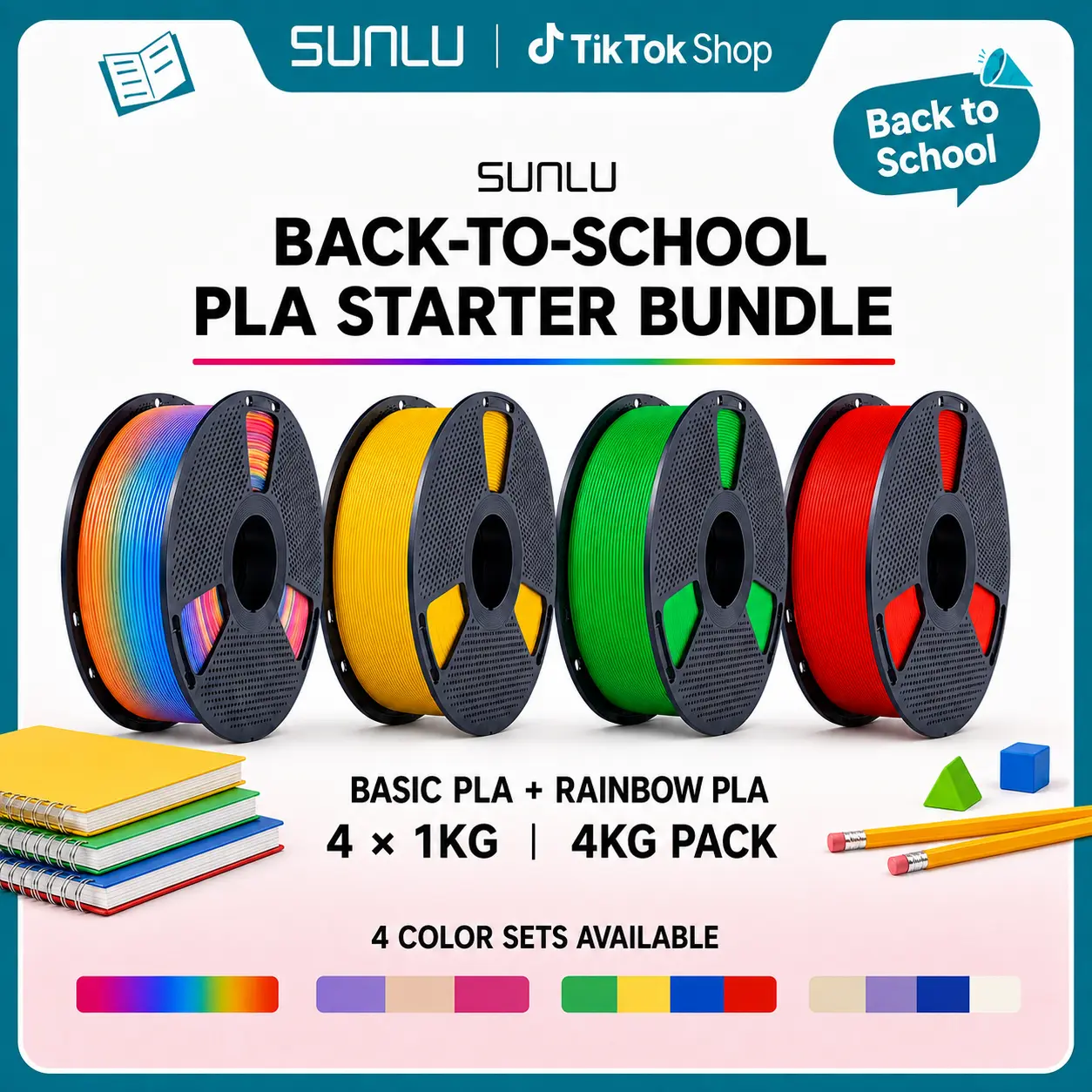 SUNLU Back-to-School PLA Starter Bundle – Basic PLA + Rainbow PLA, 4KG Pack Beginner & Pro Starter Bundle
