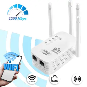 WiFi Extender 1200Mbps Dual Band 4 Antennas, Supports 50+ Devices Simultaneously, Easy Setup, Strong Wall Penetration Stable Signal, Whole House Coverage Eliminates Dead Zones for Streaming Gaming