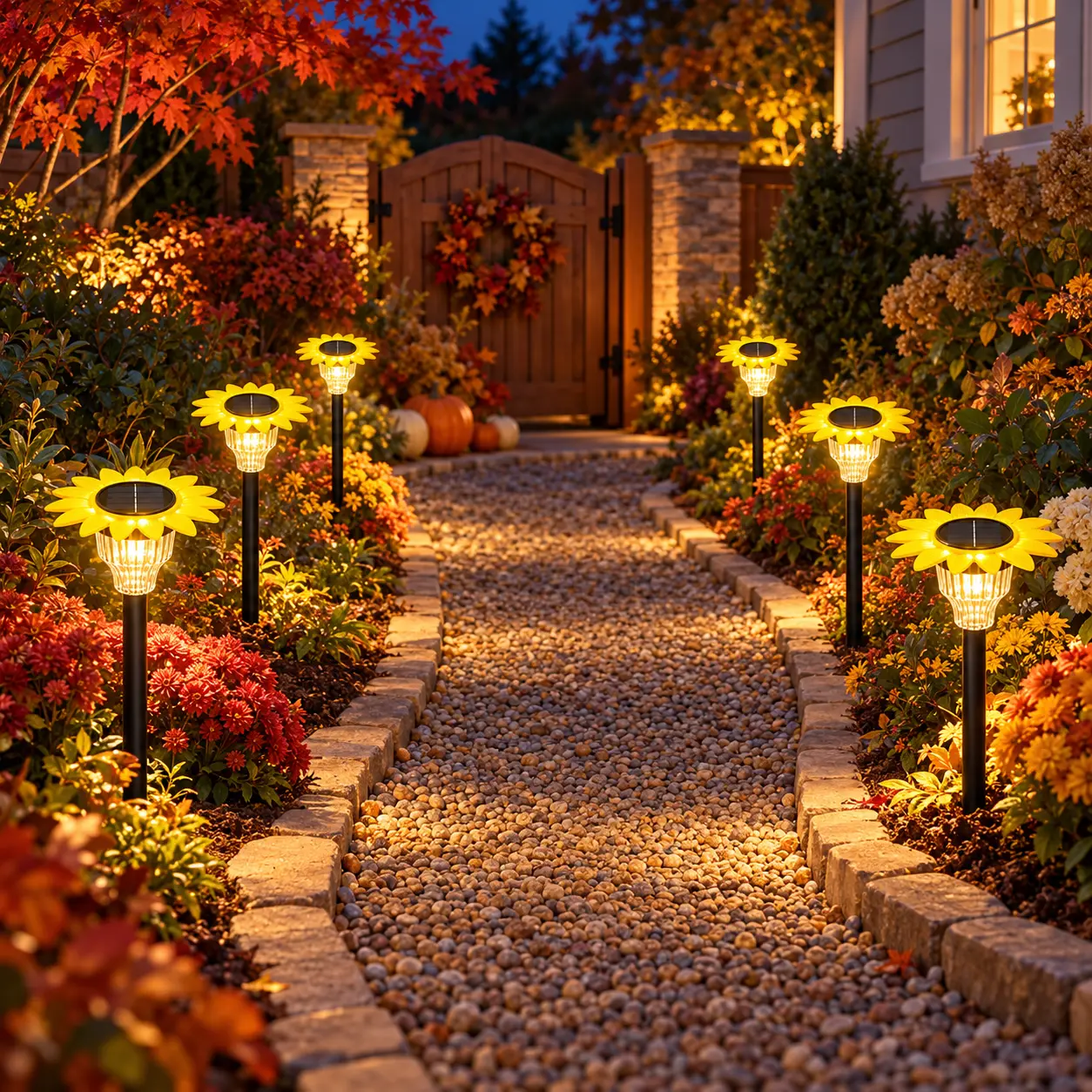 LED Fall/Thanksgiving Solar-Powered Outdoor Stake Lights, Sunflower Path Lights, Warm Yellow Light, Waterproof, Easy to Install, Suitable for Yards, Lawns, Pathways, Fences and Flower Beds  ：
