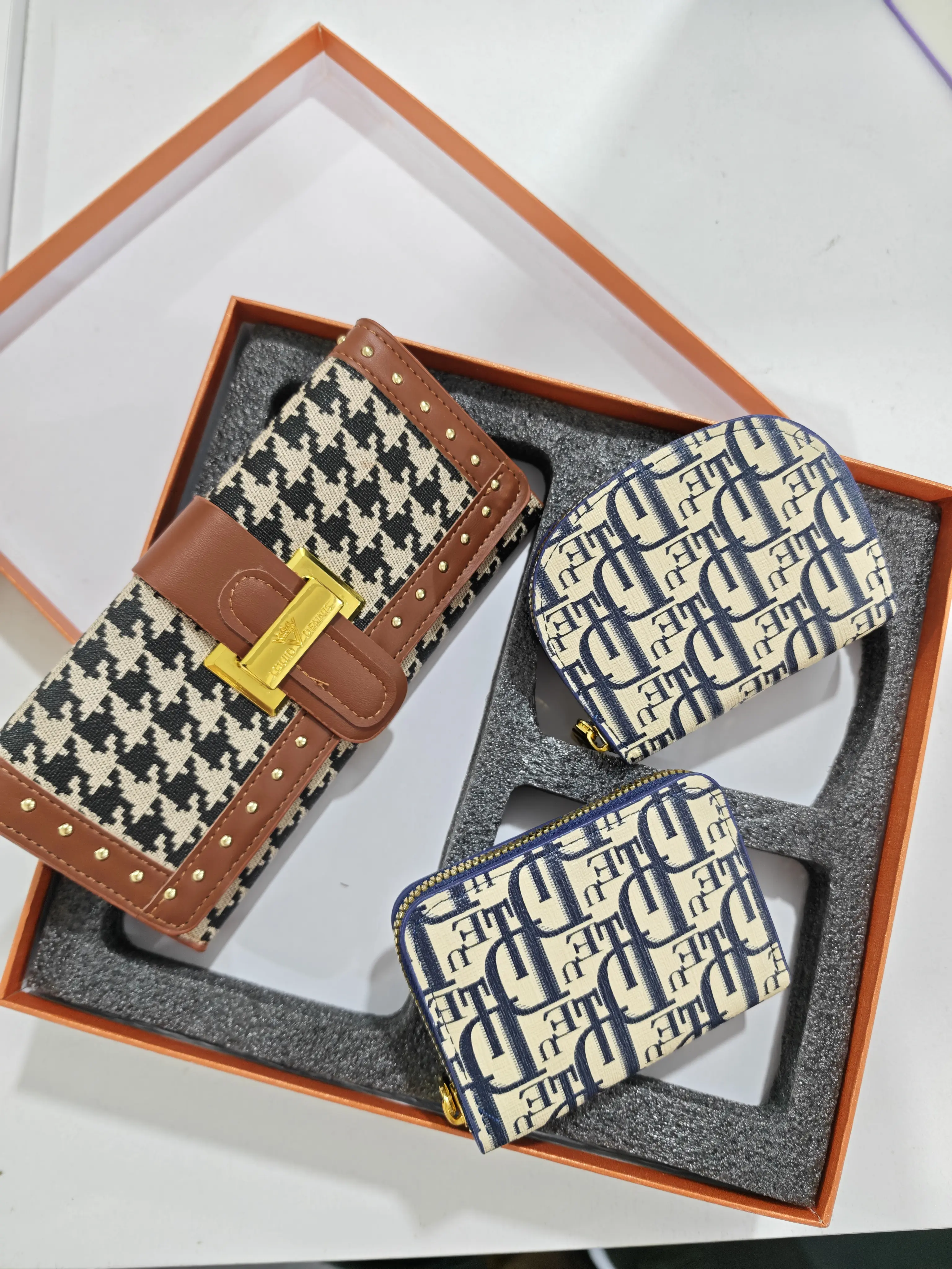 Brand New Sealed Luxury Vintage Card Holder Set Unisex Houndstooth Wallet Mini Floral Coin Purse Multi Card Slots Portable Daily Storage Gift Box Included