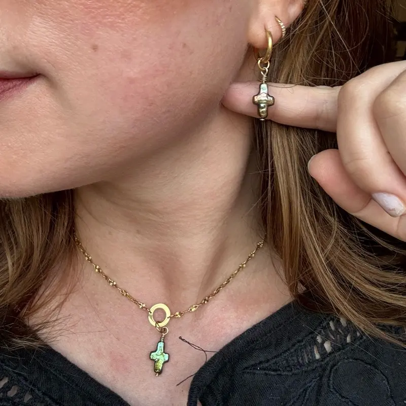 The Green Pearl Cross Collection - Waterproof Stainless Steel Real Pearl Jewelry - Handmade Unique Elegant Jewelry