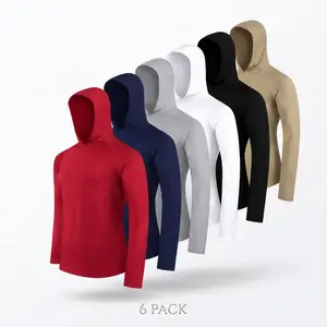 6 Pack Men's Hooded Long Sleeve Athletic Shirts – Quick Dry Moisture Wicking Performance Workout Tops, Lightweight Breathable Mesh Activewear for Gym Running Hiking Training Casual Daily Wear S–3XL