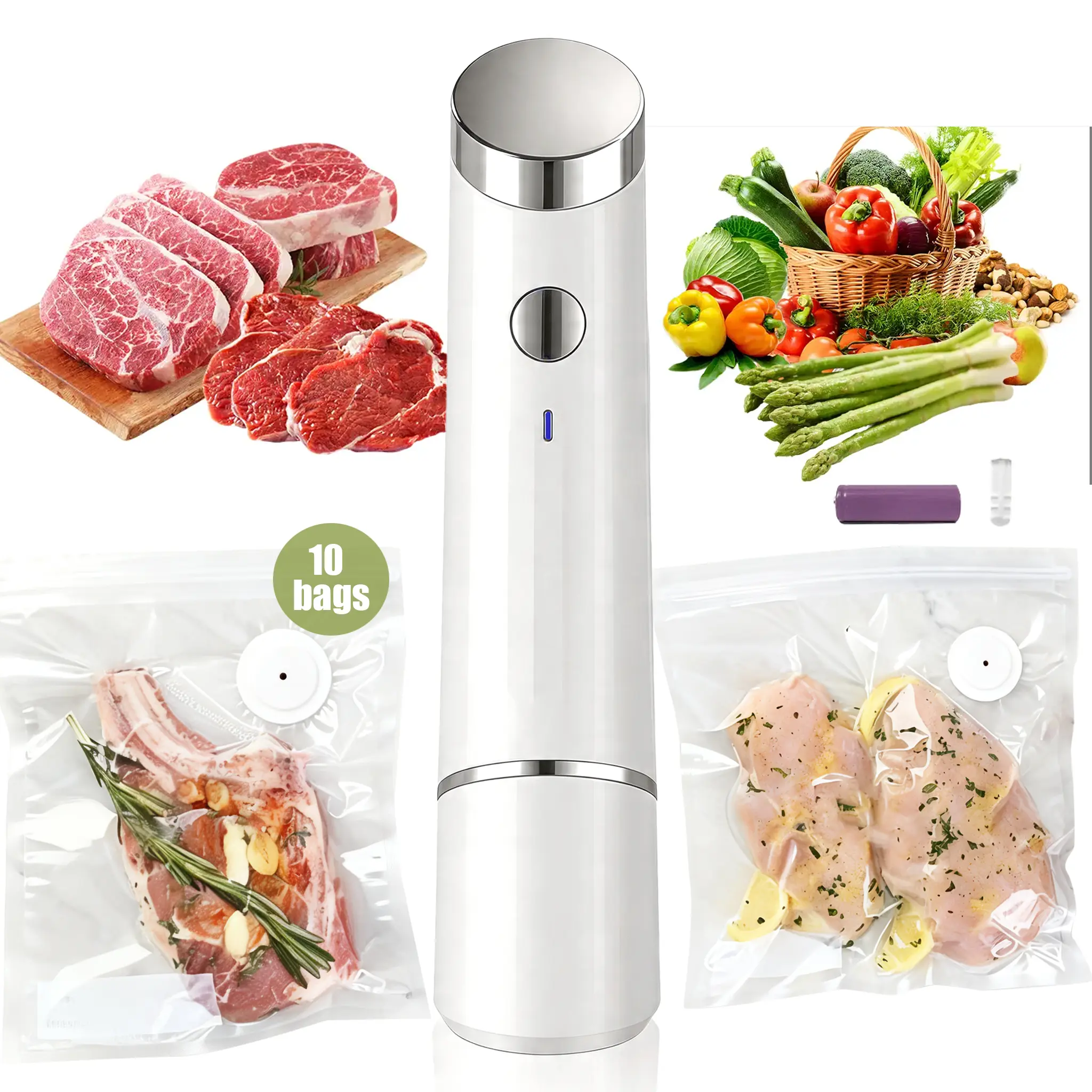 Compact Vacuum Sealer for Food (Vacuum Sealer Machine + 10 Reusable Vacuum Bags) Powerful Handheld Vacuum Sealer Machine, Seal Meal Saver, Portable Food Sealer