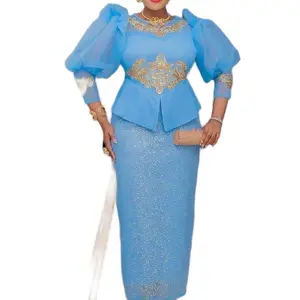 Rehanna Fashion Made in Turkey Blue Sequined Dress with Gold Embellishments and Puff Sleeves