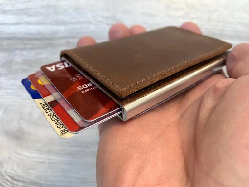 Minimalist Leather Wallet, Personalized Pop Up Credit Card Holder, Handmade Wallet, Slim Wallets, Custom Engraved Gift, Men, Women