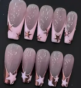 Pink French And Star Press On Nails with Silver Cherry Blossom Design - Elegant Nail Art | Unique Acrylic Press On Nails | Fake Nails 